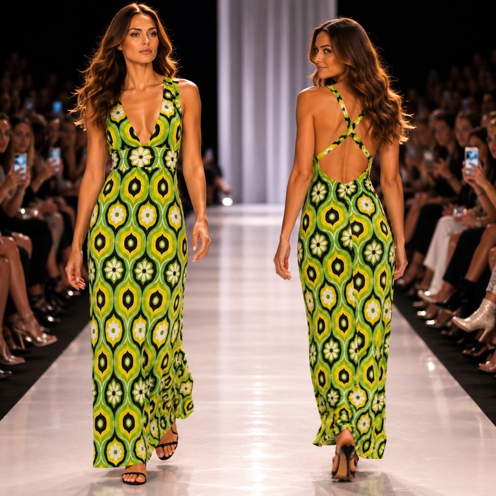 Vtg Y2K Baby Phat Maxi Dress Women's M Green Geometric Print Open Back Groovy